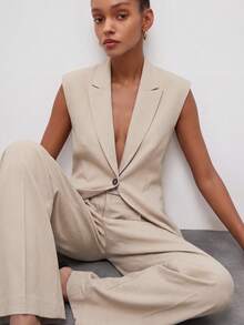 SHEIN Conjunto de 2 piezas para mujer, blazer sin mangas ajustado con hombros acolchados y cintura ceñida, pantalones de pierna recta, moda de oficina para el Día del Maestro, beige, verano - Caqui - Ver 3