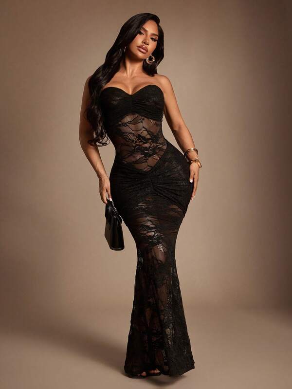 Radiana Women's Lace Ruched Fitted Mermaid Hem Sexy Strapless Dress