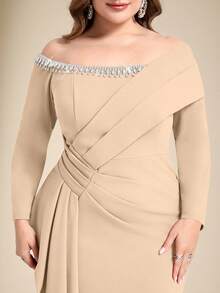 Coutiva Vestido de Noche Formal Plisado con Adornos de Strass Talla Grande (Estilo de Trabajo Pesado) - Albaricoque - Ver 4