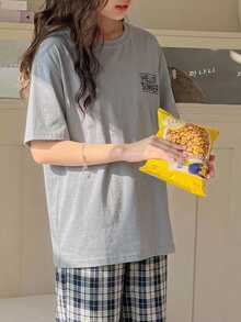 DAZY 青少年女孩秋季服飾 青少年女孩圓領針織印花短袖T恤 + 格紋睡褲家居服套裝 - 灰色 - 查看 5
