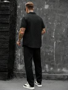 SLATEMANN 男士純色單排扣短袖襯衫與長褲套裝 - 黑色 - 查看 2