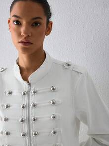 ATUI Studio Women's Military Napoleon Denim Jacket – Cropped Jean Coat With Gold Button Trim, Everyday Essential For Fall, Daily & Work - White - View 4