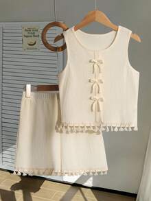 Sparklyn 2pcs/Set Striped Bow Sleeveless Crop Top+Ruffle Hem Shorts Set For Teenage Girls,Sweet & Spicy Style,Summer,Vacation,Holiday Party Outfits - Apricot - View 3