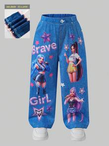 Cool Girl Denim Effect Print Wide Leg Jeans For Girls Elastic Waist Easy To Put On And Take Off Cartoon Idol Girl Star All-Over Print Pattern Pantalon - Blue - View 3