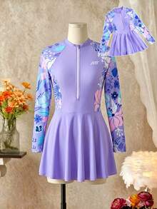 SHEIN 少女时尚休闲保守沙滩/泳池/派对/度假热带印花长袖拉链连体泳衣 - 紫色 - 查看 7