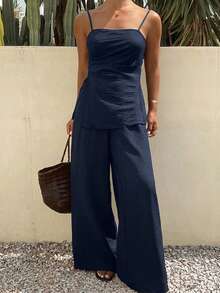 DAZY Women's Solid Color Pleated Camisole Top And Wide Leg Pants Casual Daily 2 Pieces Set Summer Vacation - Navy Blue - View 5