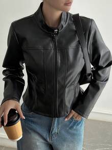 DAZY Solid Color Fitted Stand Collar Zipper Long Sleeve PU Jacket Casual Streetwear Spring Autumn Jacket For Women School Vacation - Black - View 6