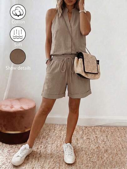 SHEIN Holidaya Women's Sleeveless Faux Collar Linen-Texture Tank Top + Vintage Style Minimalist Linen Casual Drawstring Rolled Hem Shorts 2-Piece Set, Khaki Color 2-Piece Set, Elastic Waist Textured Fabric, Casual Khaki Loose Shorts, Suitable For Vacation, Commute Wear