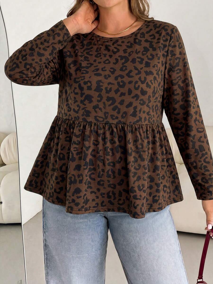 SHEIN LUNE 女款秋冬新款熱銷豹紋圖案休閒百搭大尺碼襯衫 - 彩色 - 查看 1