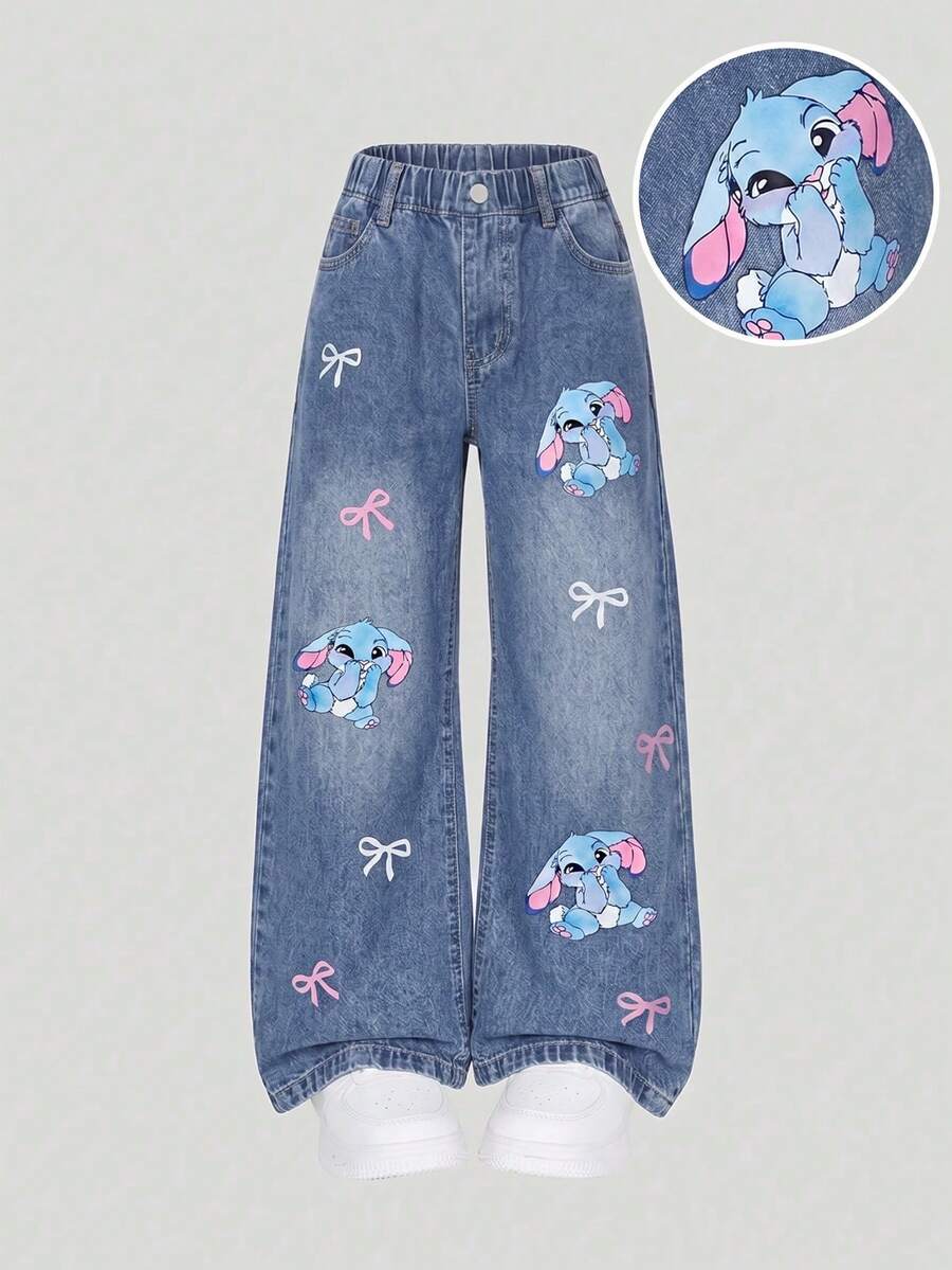 Tween Girls Denim Jeans,Blue Autumn Cute School Casual Rabbit Print,Loose Wide Leg,Comfortable Cotton,Daily Wear,Commute,Available In All Seasons - Blue - View 1