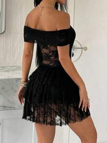 SHEIN Unity Women's Spring/Summer Black Floral Lace Mini Dress Ruffle Cinched Waist Multi-Layer Ruffle Sheer Mesh Party Night Out Sexy Elegant Halloween - Black - View 2