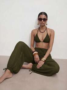 Zivah New Women's Vacation Casual Beach Pool Party Semi-Sheer Chiffon Fabric Elastic Waist Pants Cover-Up Bathing Suit Swimsuits - Army Green - View 3