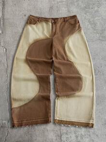 AXEPEAK Men's Washed Brand Patchwork Contrast Color Long Pants - Brown - View 2