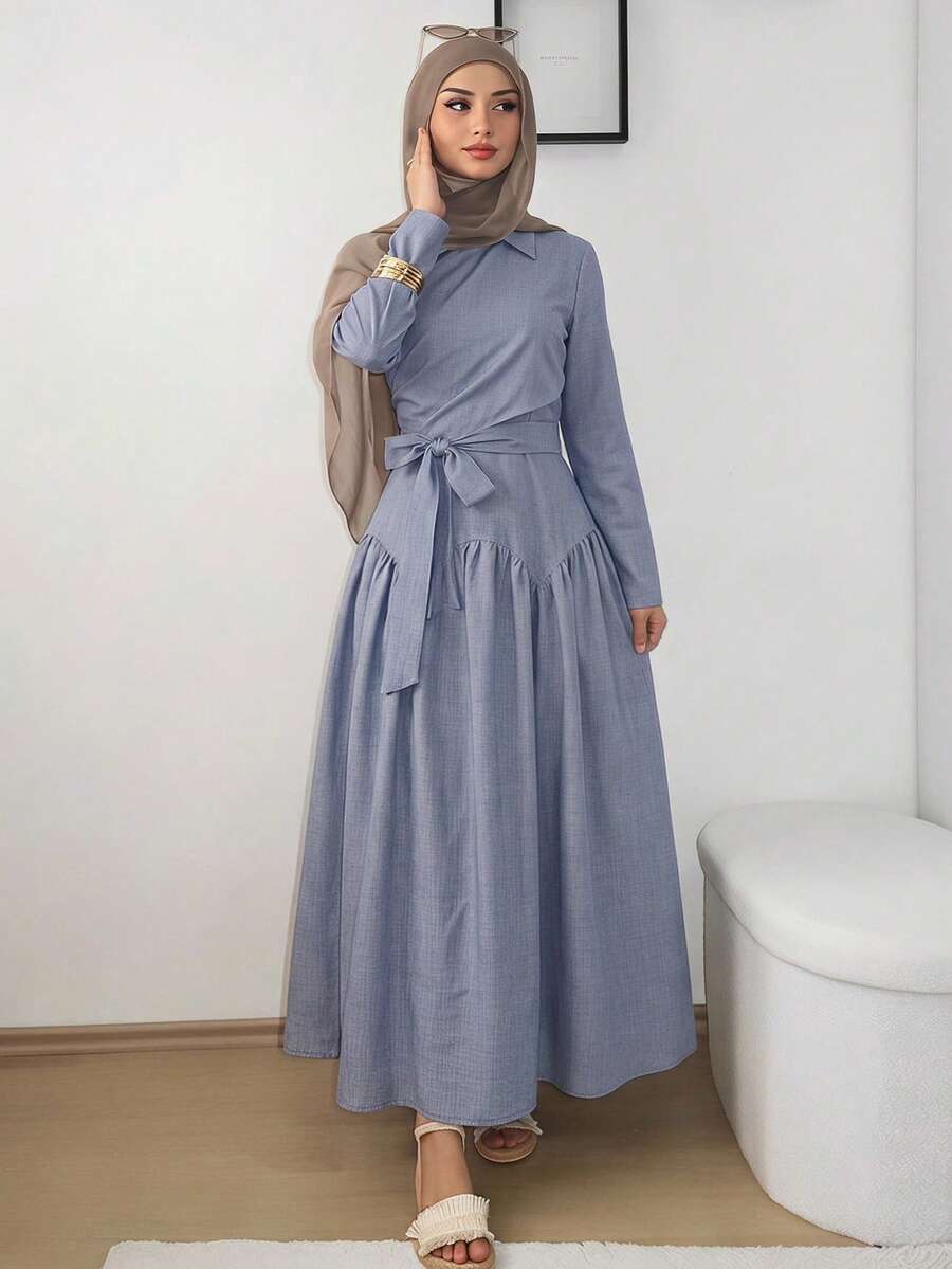 Solavon 女款時尚收腰百褶領長袖阿拉伯風洋裝 - 藍色 - 查看 1