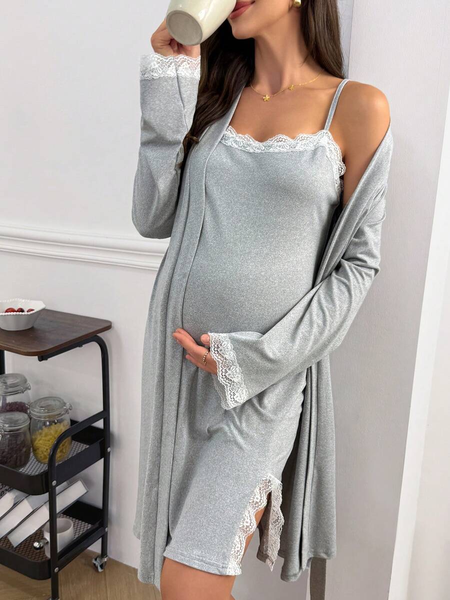 Moonlight&Mama Fashionable Light Gray Floral Side Slit White Lace Trim Fitted Maternity Slip Dress & Long Sleeve Robe 2 Pieces Set - Light Grey - View 1