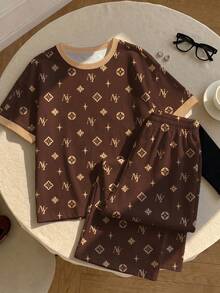 Tween Girl 全身印花圓領短袖T恤與長褲休閒端莊日常家庭套裝 小學棕色夏季 - 彩色 - 查看 4