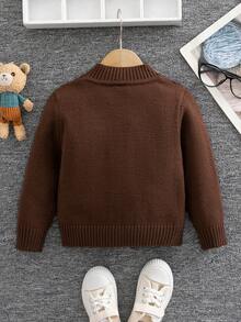 SHEIN Young Boy Solid Color Textured Long Sleeve Single-Breasted Knit Cardigan - Brown - View 2