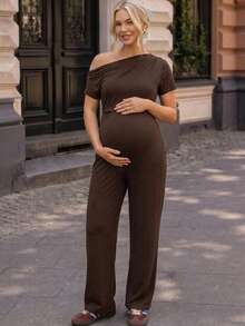 SHEIN Maternity Solid Color Asymmetrical Neck Short Sleeve Casual Normal Jumpsuit Baby Shower Summer Photoshoot - Brown - View 9