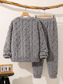 SHEIN 男童秋冬舒適休閒紋理抓絨圓領長袖拼接連帽素色運動衫 - 灰色 - 查看 2
