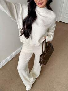 SHEIN PETITE Women's Solid Color Long Sleeve Top And Pants Casual Daily Knit 2 Pieces Set - Apricot - View 5
