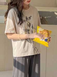 DAZY 青少年女孩秋季服飾 女孩 (大號) 圓領針織印花短袖T恤 + 格紋睡褲家居服套裝 - 杏色 - 查看 5