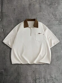 AXEPEAK 男士休閒刺繡拉鍊半開襟短袖 Polo 衫 - 杏色 - 查看 2