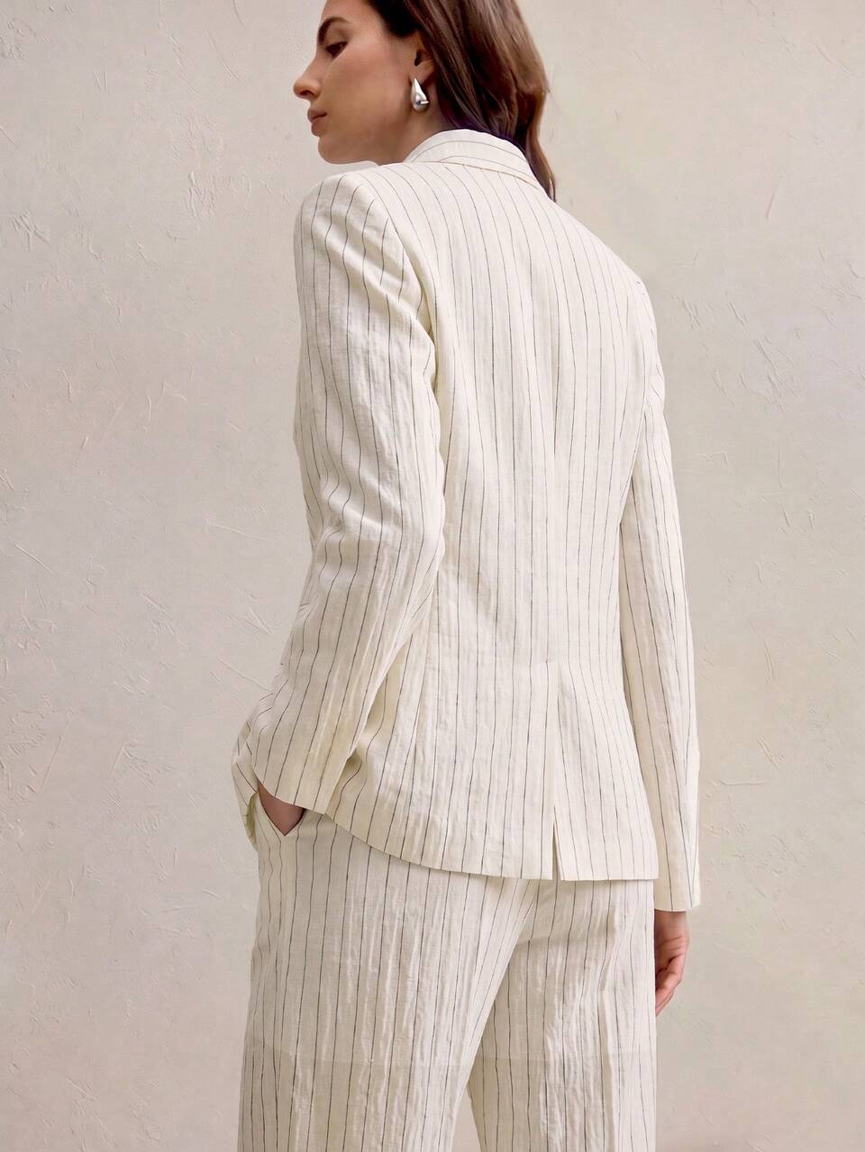 Anewsta Summer Elegant Vintage Striped Suit Set, Loose Blazer Jacket + Straight Leg Pants, Suitable For Daily, Casual, Work And Business Occasions