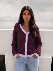 Nöista Ribbed Knit Cardigan In Burgundy With Purpple Contrast Trim, V-Neck, Button Front. Autumn Layering, College, Office, Chic, Cozy Fall. Winter Clothes.. - Rose Red - View 1