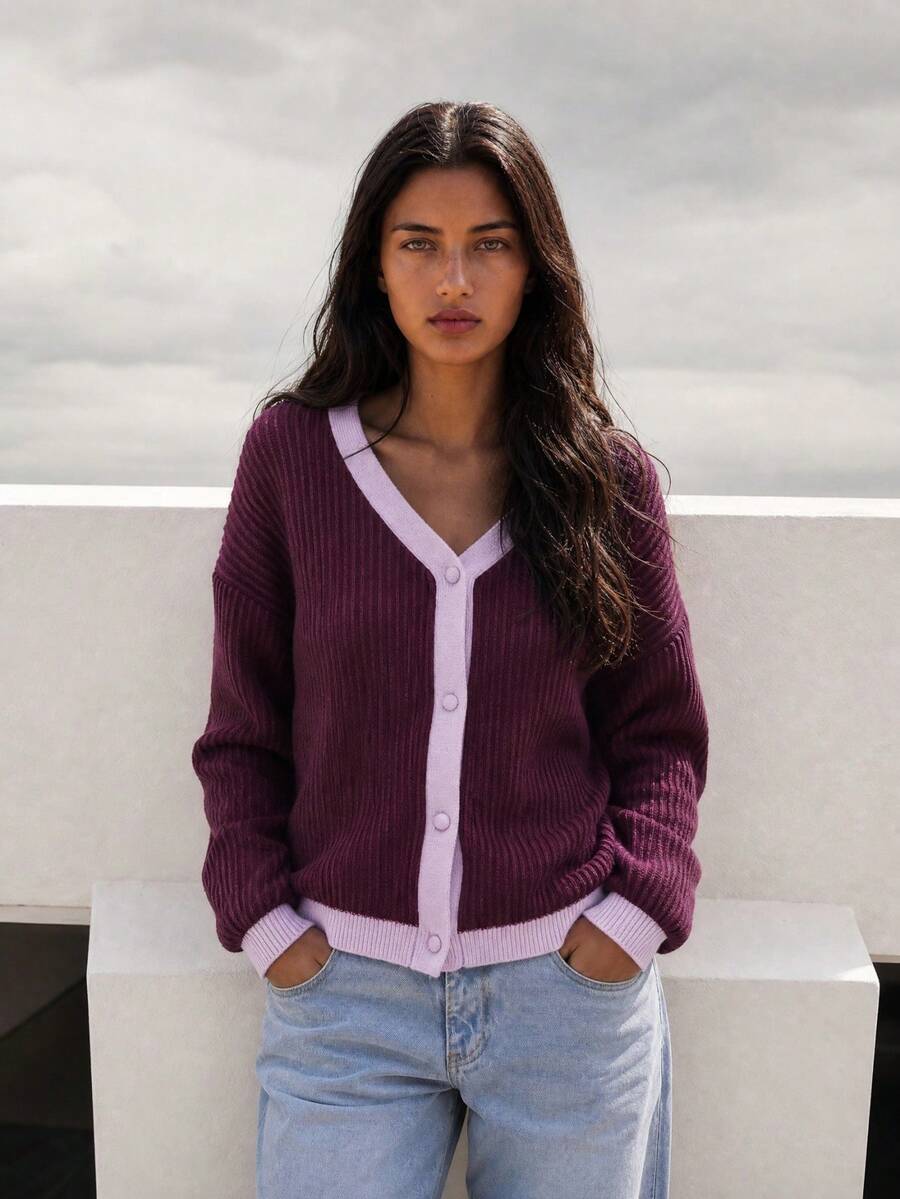 Nöista Ribbed Knit Cardigan In Burgundy With Purpple Contrast Trim, V-Neck, Button Front. Autumn Layering, College, Office, Chic, Cozy Fall. Winter Clothes.. - Rose Red - View 1