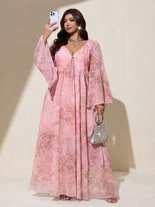 Viva Relle Plus Size Women's Elegant Floral Chiffon Midi Dress, Deep V-Neck With Front Tie Waist, Flared Long Sleeves, Flowy A-Line Full Skirt, For Daily Wear, Party, Wedding Guest, Banquet - Multicolor - View 5