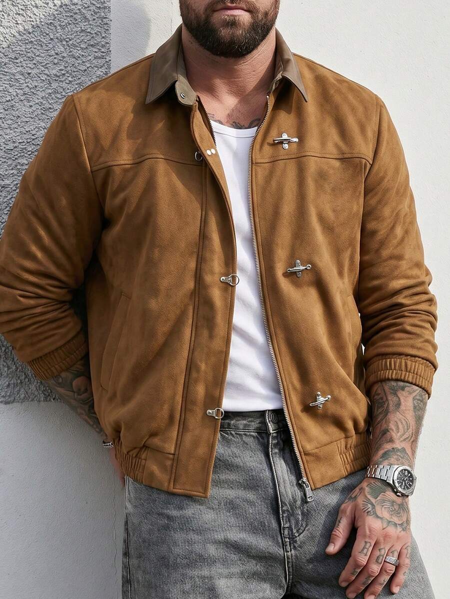 Manfinity Homme Men's Solid Colour Suede Pilot Jacket, Full-Zip Casual Coat, Vintage Faux Leather Outerwear - Brown - View 1