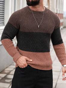 Manfinity Homme 男士秋冬休閒優雅街頭風拼色拼接針織衫，適合夜店派對、外出、度假假期，黑色格紋 - 黑色 - 查看 5
