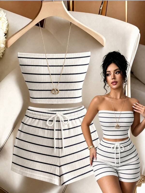 GlowEve Women's 2 Piece Outfit, Black & White Striped Tube Top + Drawstring Shorts, Casual Summer Loungewear