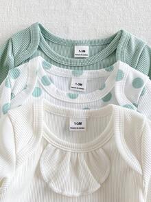 SHEIN Playful Pals 3件組新生兒套裝，信封領綠色波點印花白色與綠色長袖連身衣搭配鬆緊腰長褲，舒適柔軟，適合休閒外出與玩耍，可愛春秋百搭穿搭 - 薄荷綠 - 查看 4