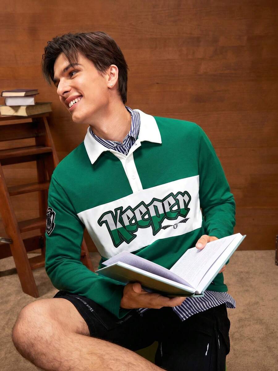 HARRY POTTER X SHEIN Camisa polo de manga larga con ajuste slim, cuello polo, estampado y bloqueo de colores, casual para hombres - Verde - Ver 1