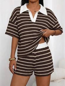 SHEIN PETITE Women's Striped Lapel Drop Shoulder Sleeve T-Shirt And Shorts Casual 2-Piece Set - Chocolate Brown - View 2