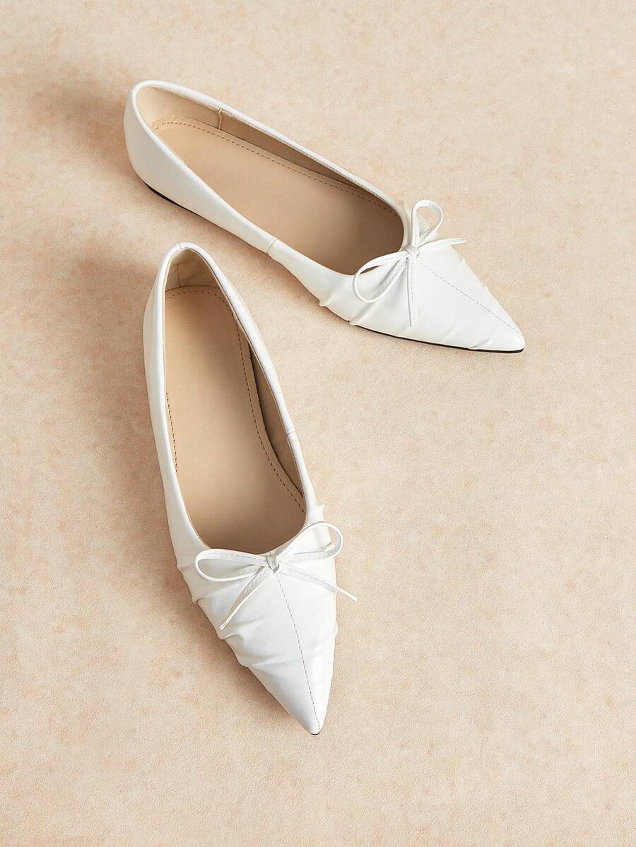 Rosivie Women's Pointed Toe Bow Decor Daily Commute Flat Shoes - Beige - View 1