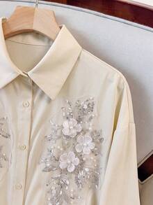 GlowEve CURVE 大尺碼優雅亮片刺繡水鑽燈籠袖上衣 秋季 - 杏色 - 查看 7
