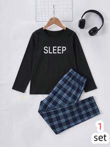 SHEIN Tween Boy Letter Print Top & Plaid Pants Loungewear - Black - View 1