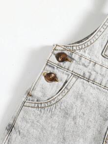 Cozy Pixies Baby Boy Letter Patch Pocket Design Denim Overalls - Light Grey - View 5