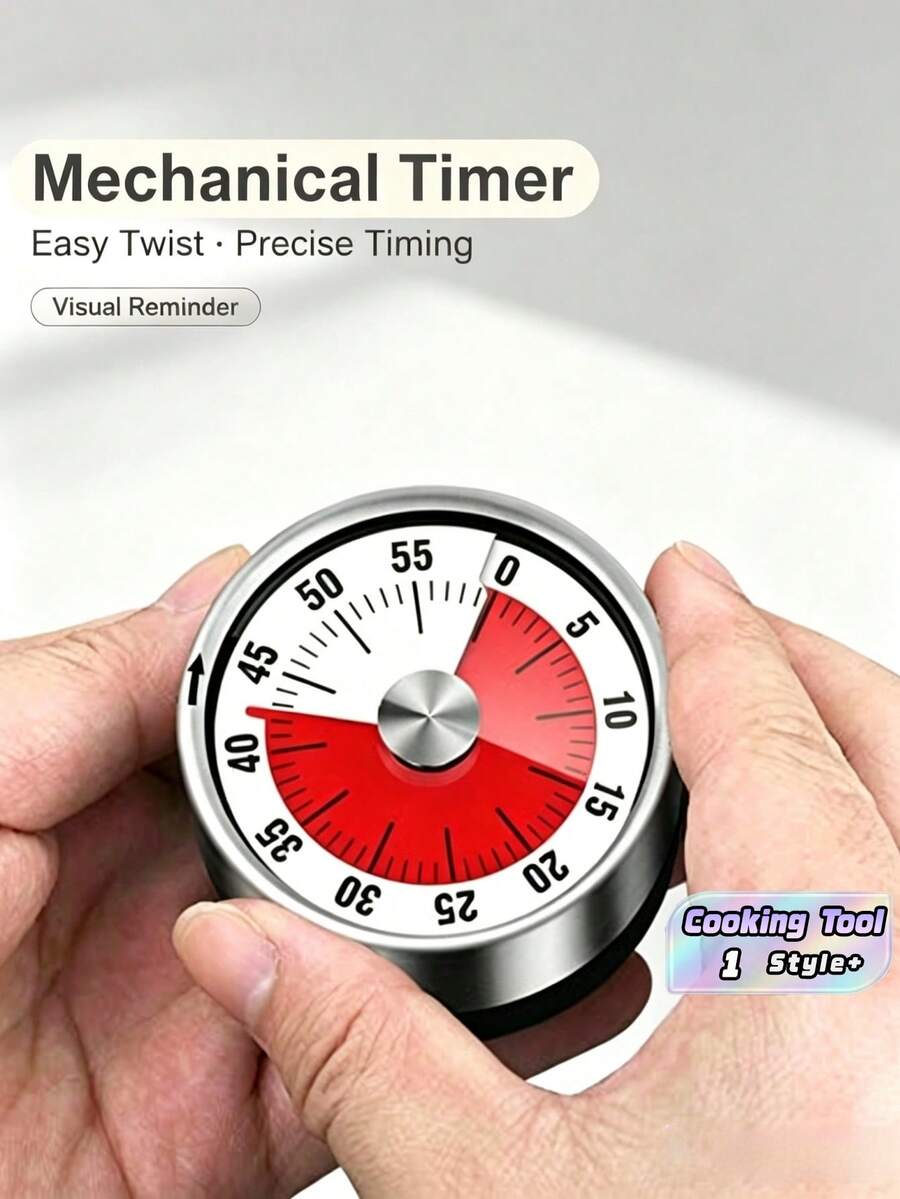 1pc Mechanical Timer With Magnetic Back, Kitchen Timer, Cooking Timer, Circular Stainless Steel Timer Cooking Clock, 60 Minute Countdown Timer, No Battery Required, Kitchen Timing Tool Reminder, Suitable For Kitchen, Cooking, Gym, Classroom, Office, Restaurant, Baking, Etc - White - View 1