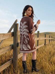 CAJUNI Women's Casual Loose Round Neck Long Sleeve Palm Tree Print Vacation Dress - Brown - View 2