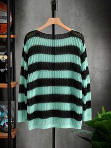 STEELVANCE Suéter de punto hueco a rayas de bloques de color para hombre - verde menta - Ver 2