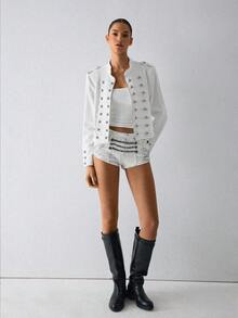 ATUI Studio Women's Military Napoleon Denim Jacket – Cropped Jean Coat With Gold Button Trim, Everyday Essential For Fall, Daily & Work - White - View 6