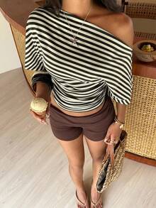 Aloruh Asymmetrical Shoulder Loose Top With Ruched Waist, Simple Basic T-Shirt - Multicolor - View 6