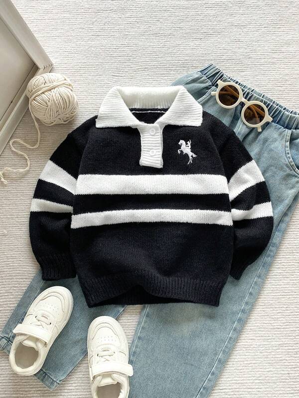 PrepCrw 1 Pc Kids Young Boys Elegant Academy Casual Exquisite Comfortable Basic Versatile Knit Black & White Polo Collar Long Sleeve Crew Neck Half-Button Pullover Sweater, Suitable For Back To School, Outings, Casual Activities, Gatherings, Autumn, Winter