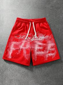 ROMWE MEN Street Life Teen Boy Casual Letter Print Drawstring Waist Pocket Shorts - Red - View 1
