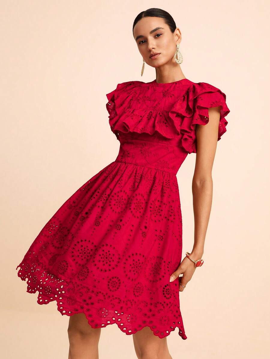 LOTSLUV Women's Summer Casual Romantic Elegant Commute Garden Date Night Out Brunch Party Red Floral Checke Fabric Embroide Hollow Ruffle Dress Wedding - Redwood - View 1
