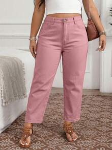 EMERY ROSE Celana Jeans Wanita Ukuran Besar dengan Kantong, Potongan Lurus, Longgar, Kasual, Serbaguna, Formal, Liburan, Warna Merah Muda Pucat, Musim Panas - Dusty Pink - View 4