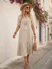 EMERY ROSE Khaki Women's V-Neck Ruffle Hem Short Sleeve Dress - Khaki - View 2